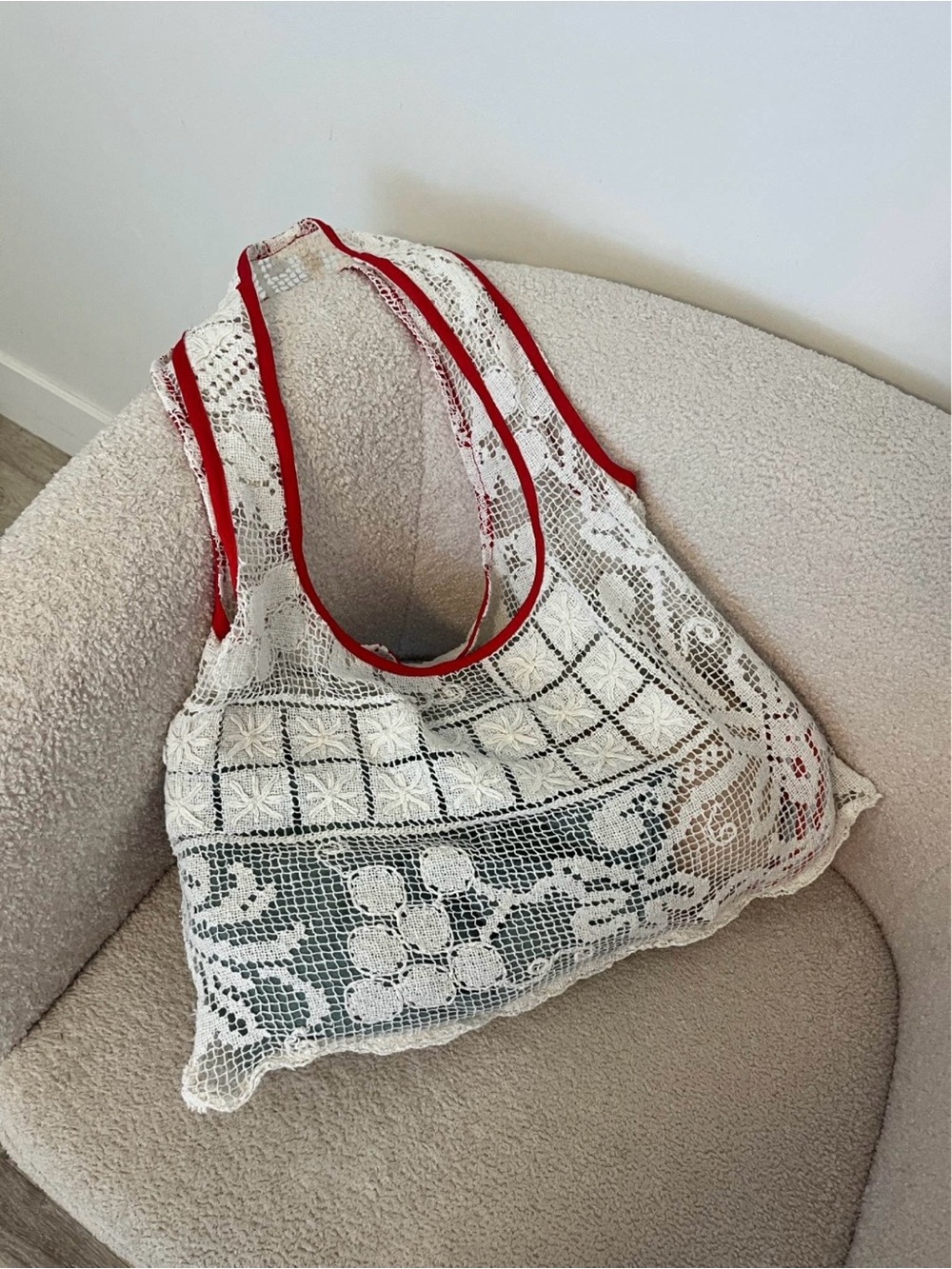 Lace Tote Bag market tote with red Trim